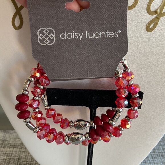 Daisy Fuentes Elastic 3 bracelets Beads red and silver color NWT - Picture 2 of 5